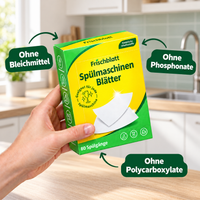 Frischblatt Spülmaschinen-Blätter mit Hinweisen: ohne Bleichmittel, ohne Phosphonate und ohne Polycarboxylate