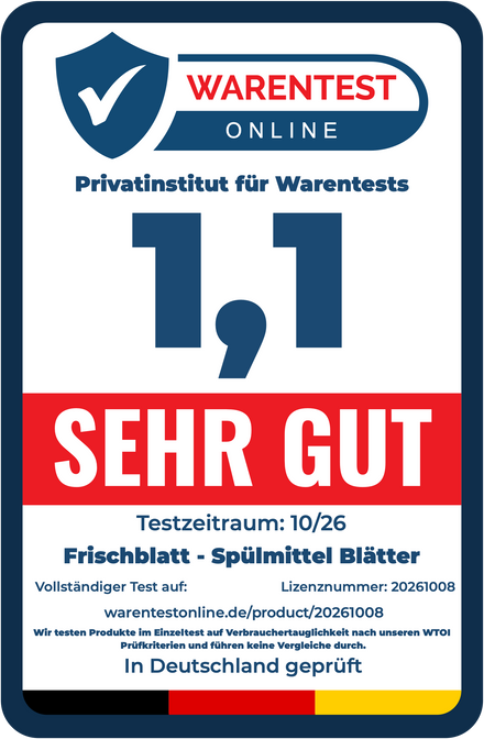 Warentest Online: Frischblatt Spülmittel Blätter, Note 1,1, sehr gut, Testzeitraum 10/26