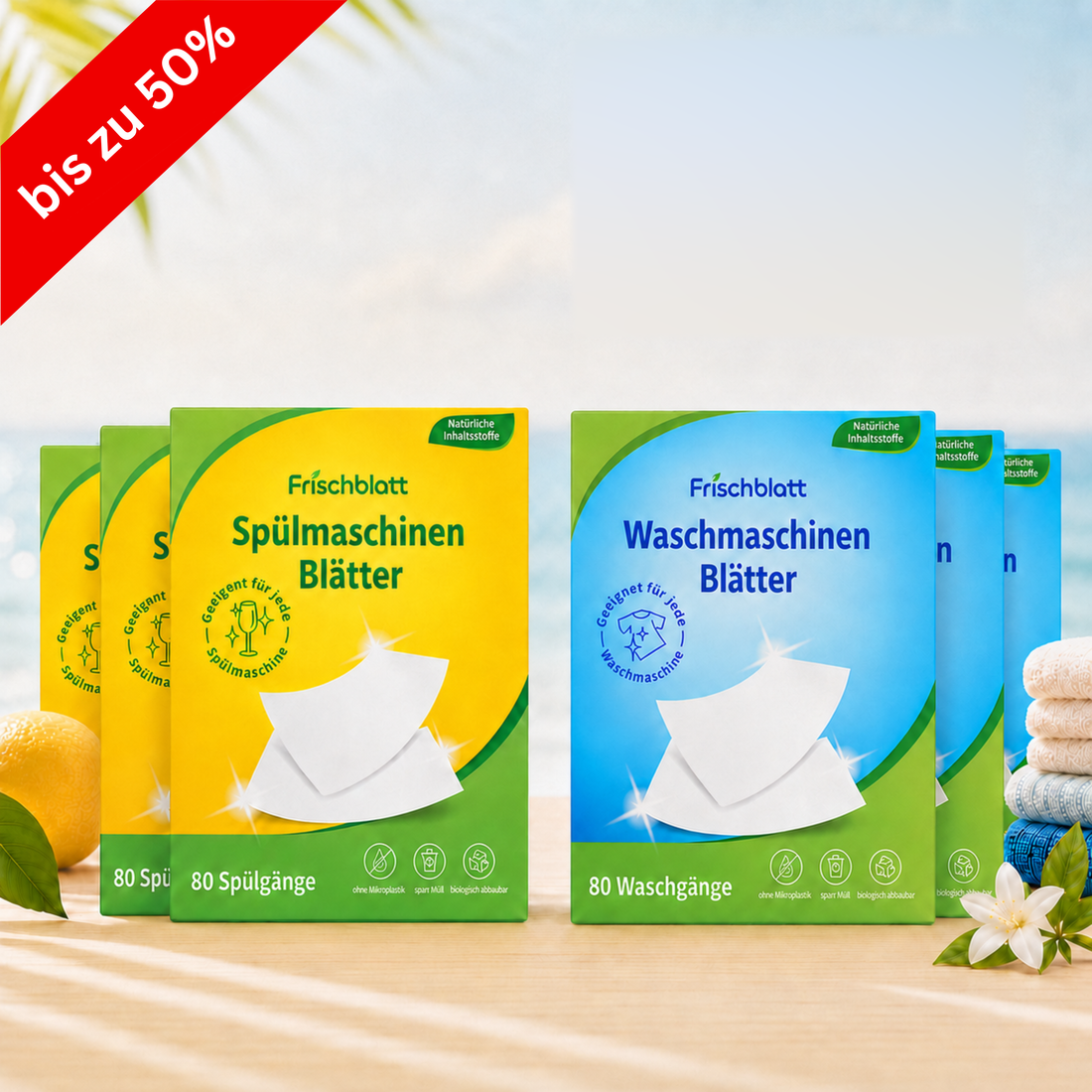 Bis zu 50%: Spül- und Waschmittel-<br class="fbx-ti-br">Blätter im Set